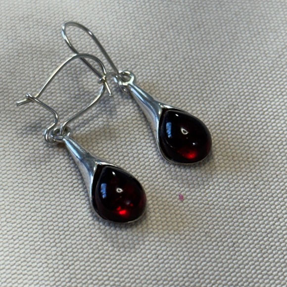 Sterling Silver 925 Red Cherry Amber Teardrop Drop Earrings Leverback Dangle - Picture 12 of 13